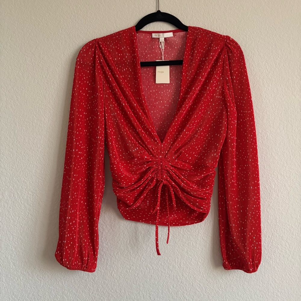 New Maje Red rouge Ruched cropped polka dot Blouse size 1 small top women’s